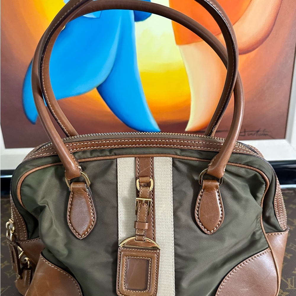 Prada Olive* and Brown Satchel with Leather Trim